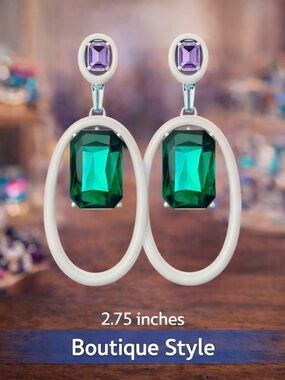 Paparazzi Green Purple Oval Earrings White Frame Dangles 2.75”